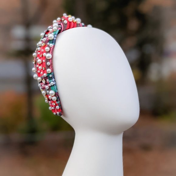 Holiday Plaid Knot Velvet Beaded Headband Pearl Crystal Handmade Festive…